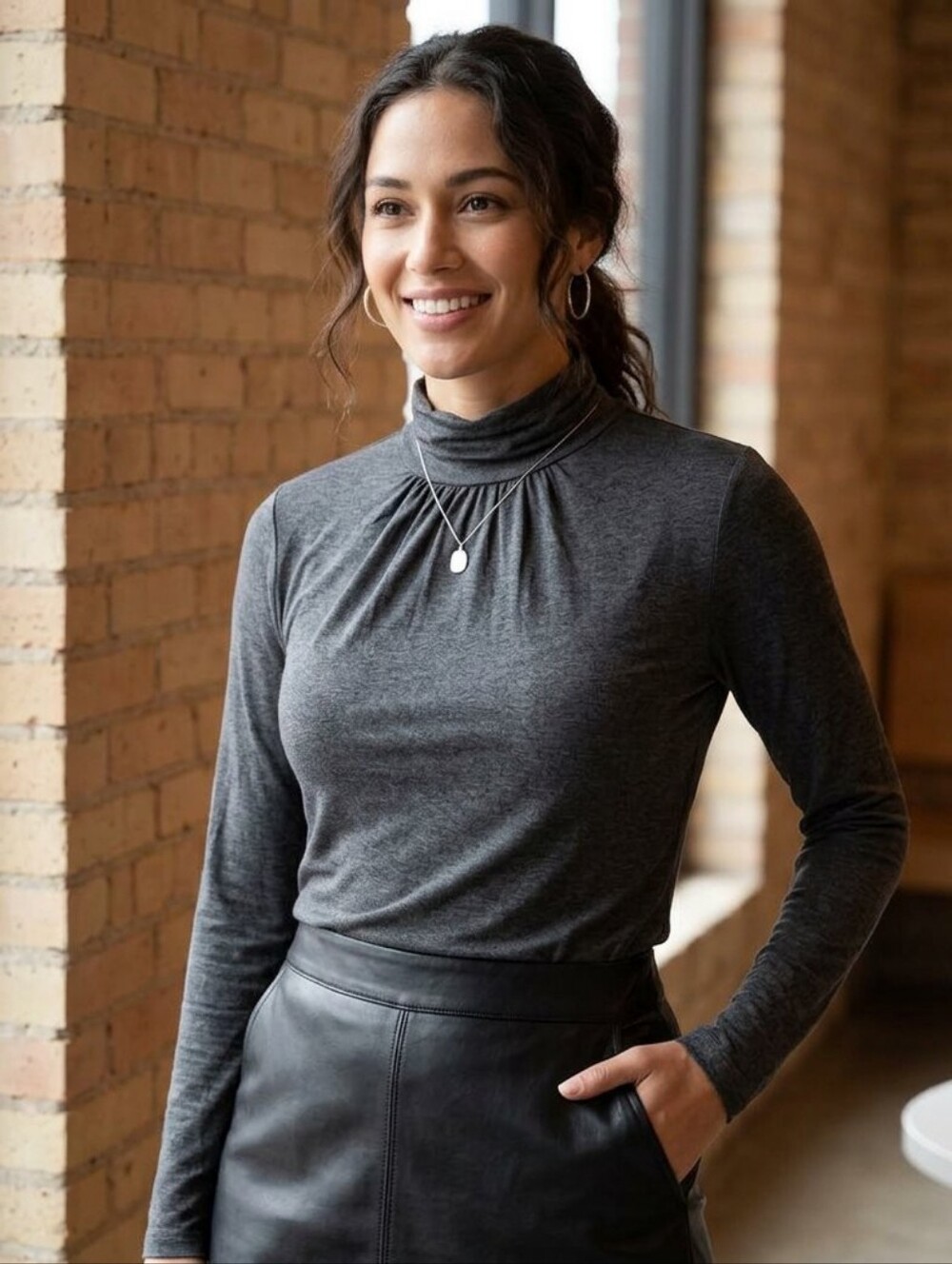 Tribal Charcoal Gray Mock Neck Long-Sleeve Top • Size M